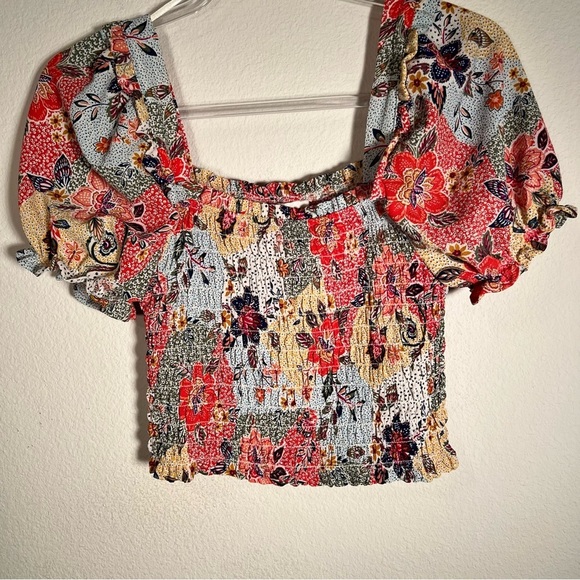 Monteau Smocked Floral Puff Sleeve Crop Top Square Neck Boho Y2K Cottagecore - Picture 6 of 9